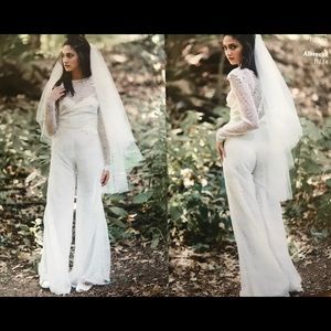 Bridal Wedding Jumpsuit Full Lace Ivory Pants Long Sleeves Wedding Dress 2 NEW